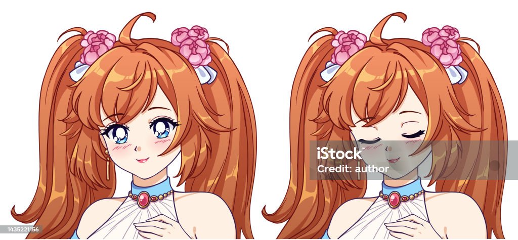 Cute Anime Princess Icon User Avatar Opened And Closed Eyes Red Hair Vector  Illustration Set Stock Illustration - Download Image Now - iStock