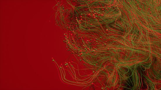 Abstract particles background green and red colors new year Christmas background, 3d render.