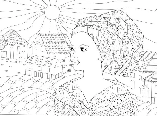 Vector illustration of Beautiful african woman looking away against cute town. fashion lady for your coloring book