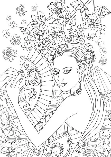 Vector illustration of beautiful chinese girl with fan for your coloring page