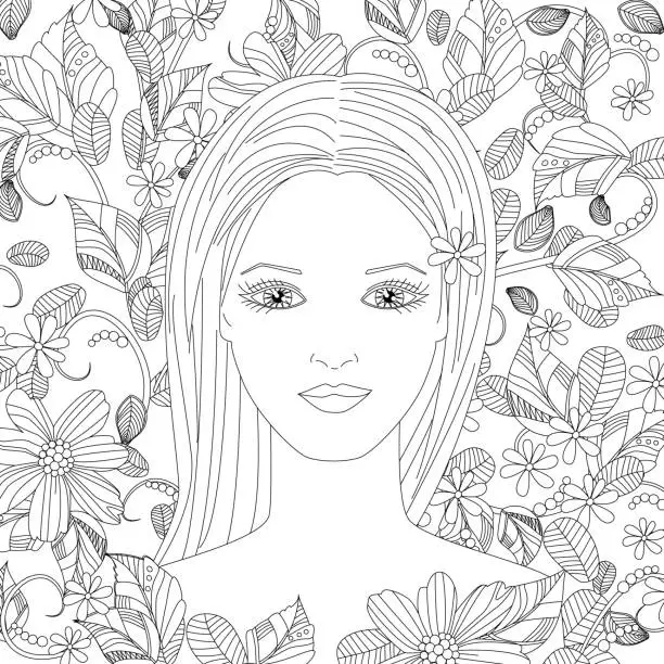 Vector illustration of portrait of beautiful young woman with long hair against floral pattern for your coloring book