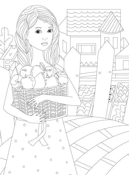 Vector illustration of pretty little girl with wavy hair in polka dot dress holding basket with fruits against rural landscape with fence. female portrait for your coloring book