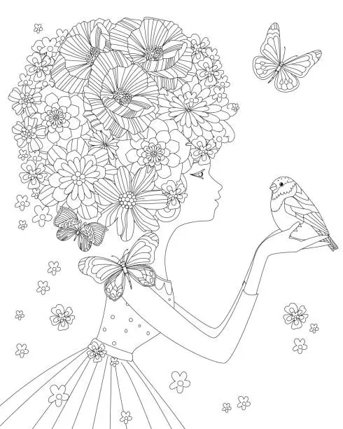 Vector illustration of profile of fashion girl with floral hairstyle standing and holding a bird for your coloring page