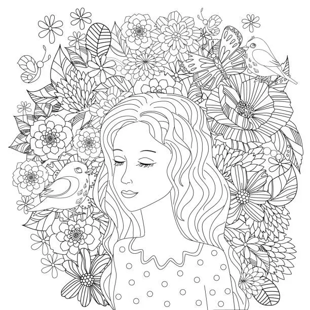 Vector illustration of beautiful girl listening to birds. coloring page