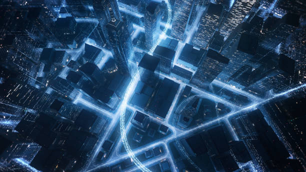 빛나는 데이터 라인이있는 도시 풍경 - 빅 데이터, 사물 인터넷, 디지털 비즈니스 - skyscraper built structure cloud futuristic 뉴스 사진 이미지