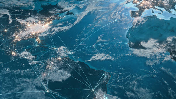 espansione delle linee di connessione globali - business globale, rete finanziaria, rotte aeree - global foto e immagini stock