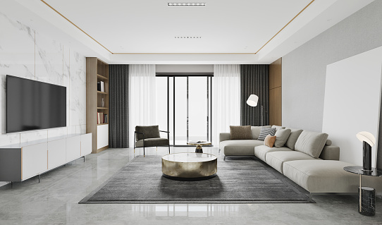 The modern luxury interior of the living room is bright and clean. 3D illustrator