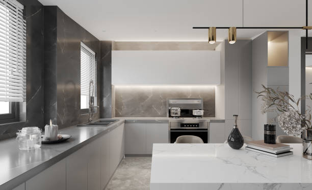 istock Modern Dining and kitchen interior with dining table and chairs. 3D illustration 1435226359
