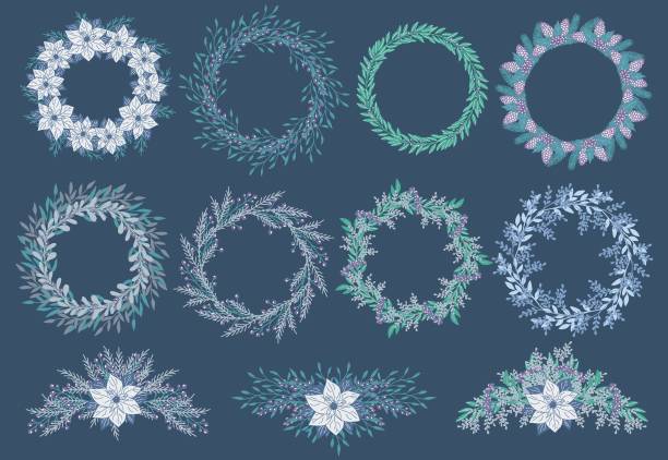 Christmas hand drawn wreath with poinsettia, leaves, branches, berries, holly, pine cone. Winter floral cozy collection. Vector frames and arrangement. Happy New Year illustration Christmas hand drawn wreath with poinsettia, leaves, branches, berries, holly, pine cone. Winter floral cozy collection. Vector frames and arrangement. Happy New Year illustration tree crown stock illustrations