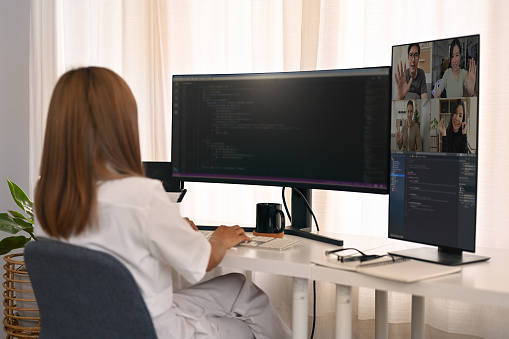 Rear view of female developer having video conference and working with coded data on computer screen.