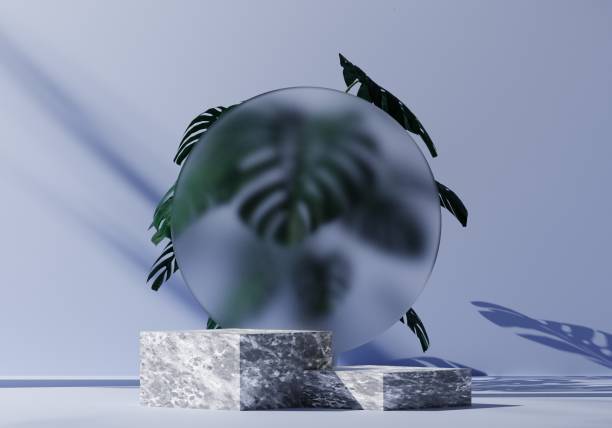 istock white marble pedestal podium mockup, blue wall backdrop with natural leaf and plant, empty platform for product showcase and presentation, 3D Rendering 1435232642