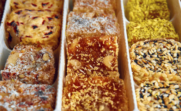 istock Oriental sweets, assorted in one package close-up. A variety of oriental sweets with different ingredients 1435233335