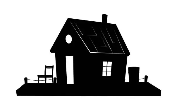 Vector illustration of Floating house. Silhouette design. Dwelling with small courtyard on water. Isolated on white background. illustration vector.