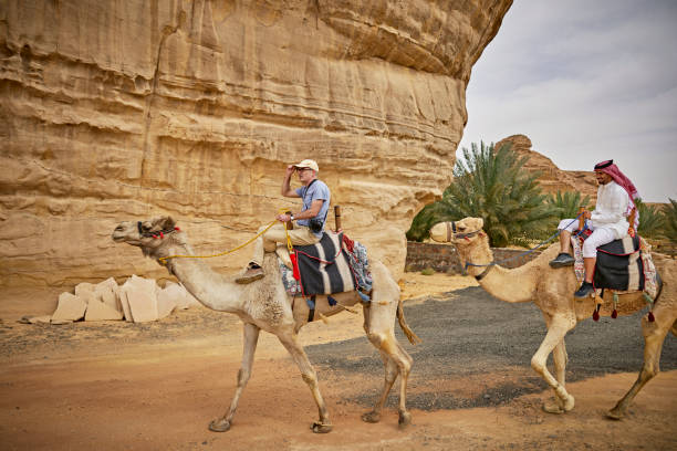 Bedouins with camels on the western part of The Sahara Desert in Egypt. The Sahara Desert is the world's largest hot desert.