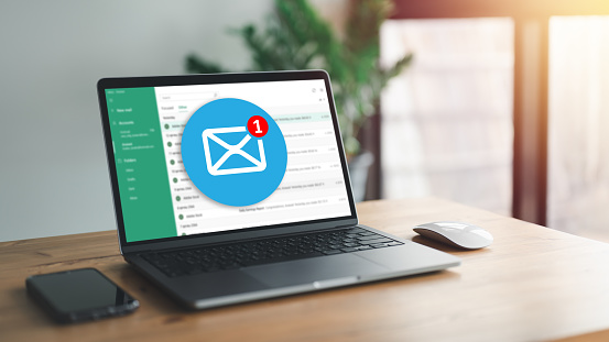 New Email Message Notification On Laptop Screen, communication connection message to global letters in the workplace, Letter, Online Business Communication, contacts, No People