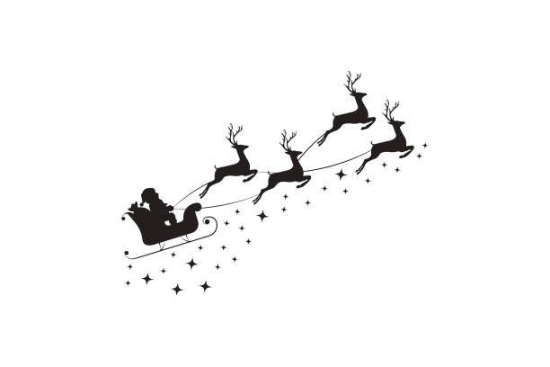 ilustrações de stock, clip art, desenhos animados e ícones de flying santa claus and deer sleigh icon vector design. - night running