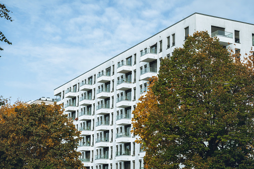 low angle view on modern cubic white residential houses in berlin