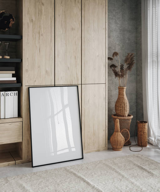 Mockup poster frame in minimalist modern interior stock photo