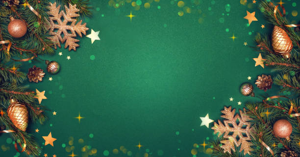 istock Spruce, fir branches, golden colored decorations on dark green background. Frame border. Christmas New Year composition background greeting card. Christmas lights. Space for text. Banner. 1435248816