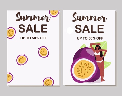 Colorful vector summer sale layout poster, banner, background, vacation mood, cards, invitation, summer vibes, tag, relaxation, vacation, flyer, sale, passion fruit, tanned girl.