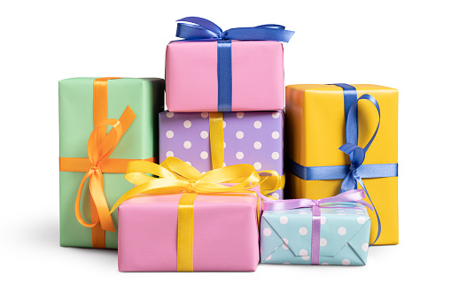 Colorful gift boxes on white. This file is cleaned, retouched and contains clipping path.