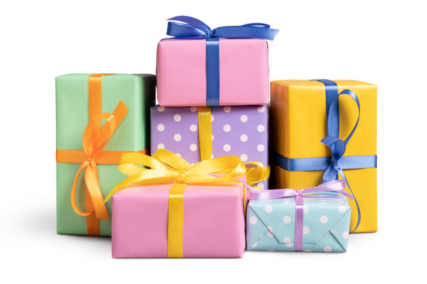Colorful gift boxes on white stock photo