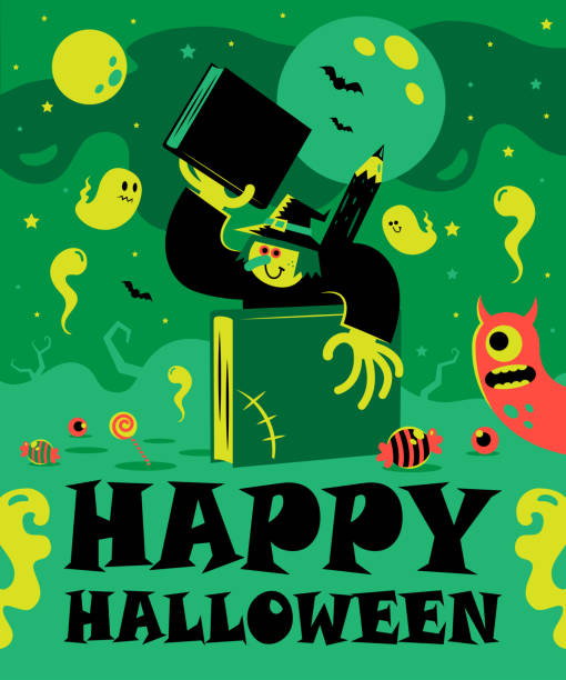 ilustrações de stock, clip art, desenhos animados e ícones de the spooky witch with a pencil and books stands on the hill and says it’s halloween time, write your own scary  halloween story or create halloween comics - book monster fairy tale picture book