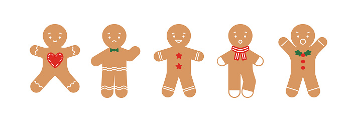 Christmas holiday vector illustration set. Collection of sweet gingerbread man character isolated on white background. Happy and sad emotions. Design for xmas