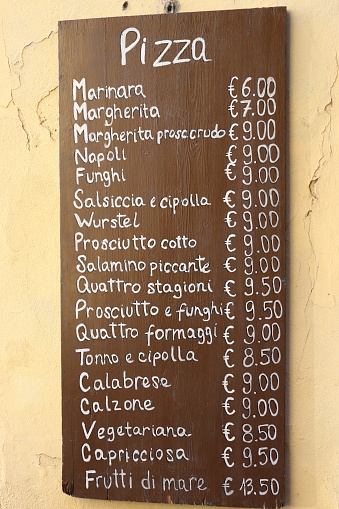 Characteristic menu of an Italian restaurant in Florence in Tuscany.