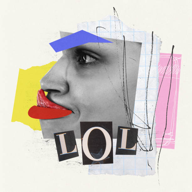 istock Contemporary art collage. Creative bright design. Female face part expressing funny emotion, reaching nose with tongue 1435251318