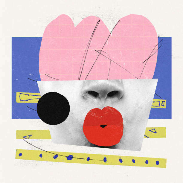 istock Contemporary art collage. Creative bright design. Female face part expressing romantic look, sending kisses 1435251331