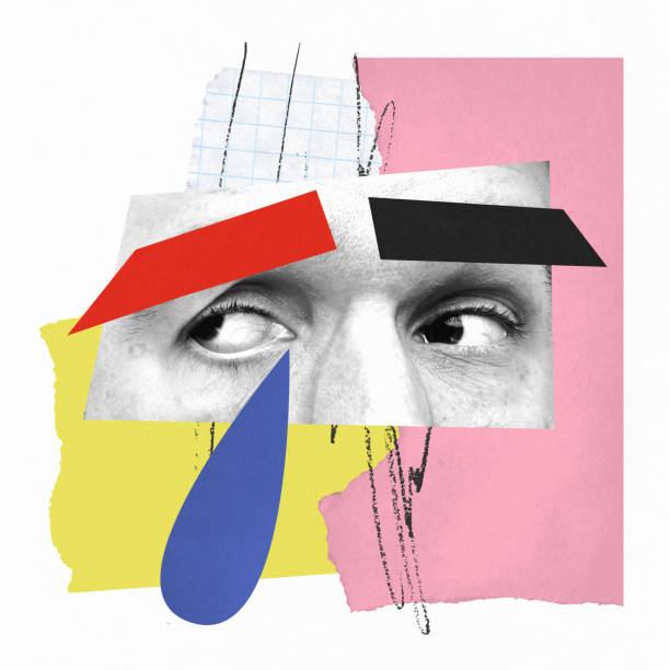 istock Contemporary art collage. Creative bright design. Male face part, eyes expressing sadness. Drawn tears falling down 1435251339