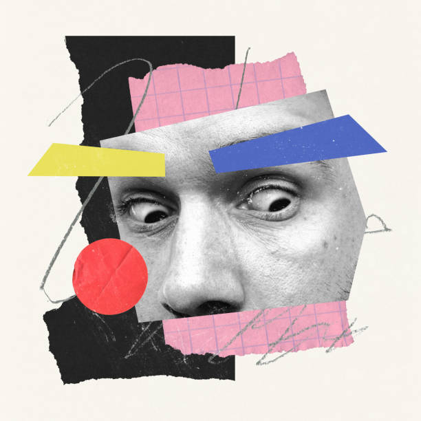 istock Contemporary art collage. Creative bright design. Male face part, eyes expressing shock. Interesting information 1435251345