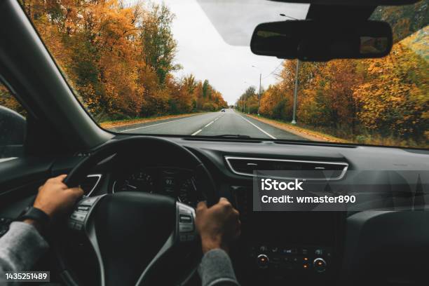Man Driving Car On The Country Road In Autumn Stock Photo - Download Image Now - Driving, Autumn, Car