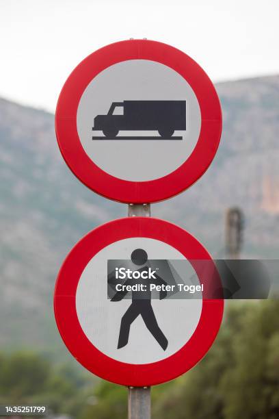 Road Signs No Entry For Motor Vehicles With A Maximum Authorized Mass Of More Than 35 T No Pedestrians Permitted Stock Photo - Download Image Now