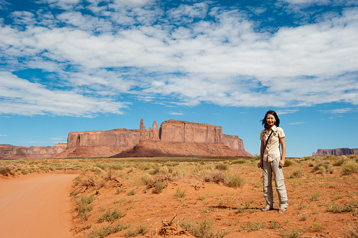 Japanese Tourist posing in the Monument Valley in Utah.