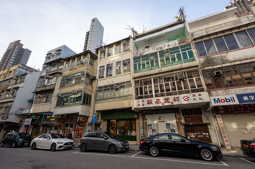 Hong Kong - October 21, 2022 : General view of the Fuk Lo Tsun Road in Kowloon City, Hong Kong. Kowloon City was a bustling neighbourhood when Kai Tak Airport was in operation between 1925 and 1998.