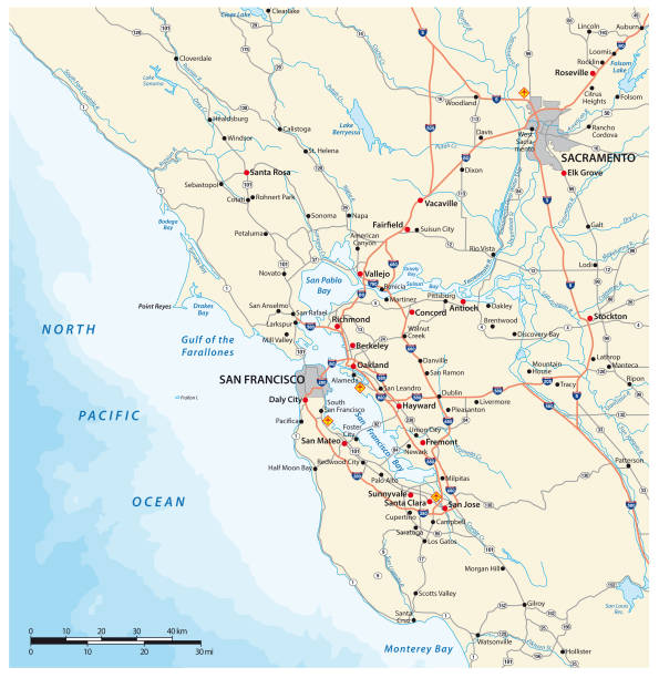 샌프란시스코 베이 지역 로드맵, 캘리포니아, 미국 - map san francisco bay area california cartography stock illustrations