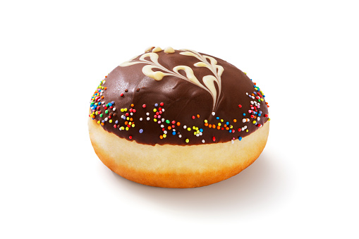 Homemade chocolate glaze berliner donut and colorful sprinkles on white background, including clipping path