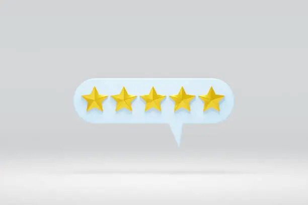 Photo of 5 star in speech bubble, customer service rate feedback, rating speech bubble with gold stars concept of setting five star, Customer rating feedback concept. 3d rendering
