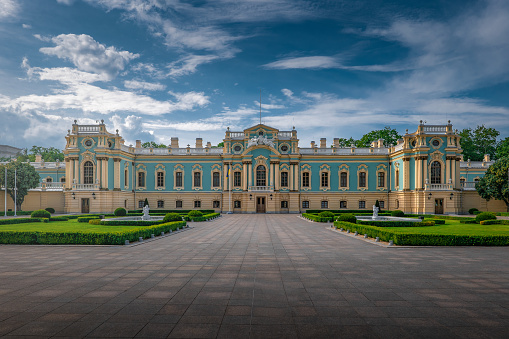Mariinskyi Palace is the official ceremonial residence of the President of Ukraine. The Elizabethan baroque palace is sited on the right bank of the Dnipro River in Kyiv, Ukraine, adjoining the neo-classical building of the Verkhovna Rada, the parliament of Ukraine.