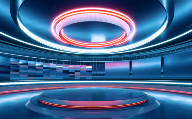 istock Television studio with circular blue walls around an empty stage, neon lighting 1435256305