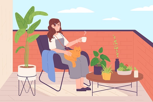 Woman on terrace. Alone girl relax on home terrace or balcone with house garden plant and cat, hygge rest at hotel verand, women enjoy beautiful green nature vector illustration of relax and rest