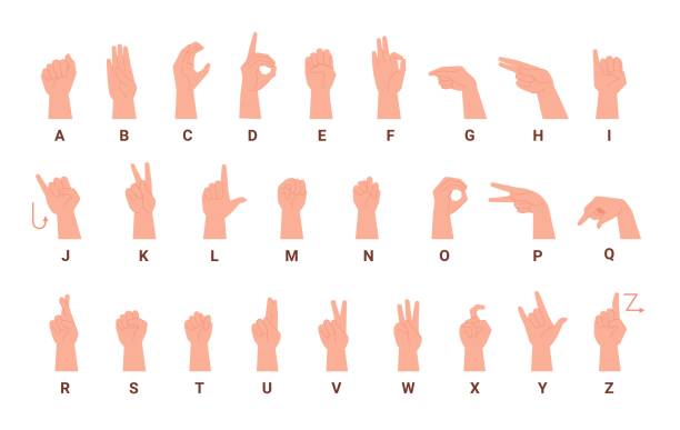 Deaf language. Deaf-mute alphabet hand signs for inclusive people communication, teaching gestures letters signal, deafness manual of mute dumb human, swanky vector illustration Deaf language. Deaf-mute alphabet hand signs for inclusive people communication, teaching gestures letters signal, deafness manual of mute dumb human, swanky vector illustration of deaf language abc american sign language stock illustrations