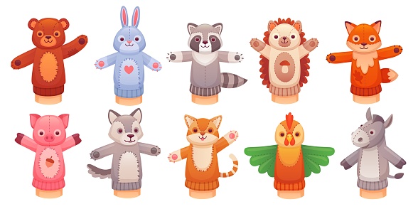 Hand puppet toys. Funny animal toy from sock for doll show theatre of puppeteers, children play hands or finger in kindergarten teddy bear fox rabbit, vector illustration of theater show puppets