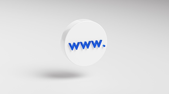 WWW Blue Glass Icon Button on Circle App Symbol 3D Render