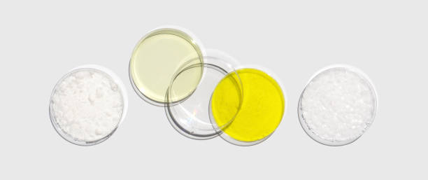 istock Cetyl esters wax, Poly Aluminium chloride liquid, Potassium chromate and Microcrystalline wax in Petri dish on white laboratory table. Chemical ingredient for Cosmetic and Toiletries product. Top View 1435262602