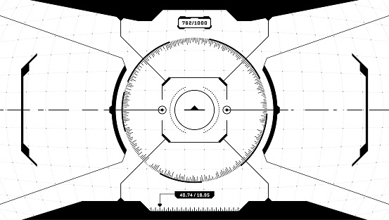 VR HUD digital futuristic interface cyberpunk screen. Sci-fi virtual technology head up display circle target. GUI UI black and white spaceship cockpit dashboard panel. FUI viewfinder visor. Vector
