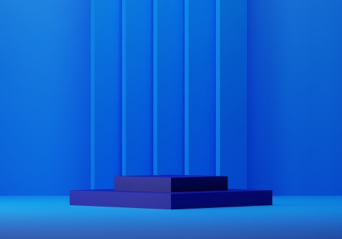 minimal blue light backdrop with navy pedestal podium mockup, empty platform for product showcase and presentation, 3D Rendering