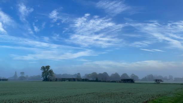 hermosa mañana brumosa y brumosa - suffolk winter england fog fotografías e imágenes de stock